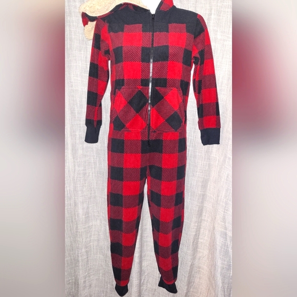 🌼3 for 30🌼 Boys 18, Women's S Red Plaid Sherpa Hooded Pajamas Onesie - Picture 2 of 4